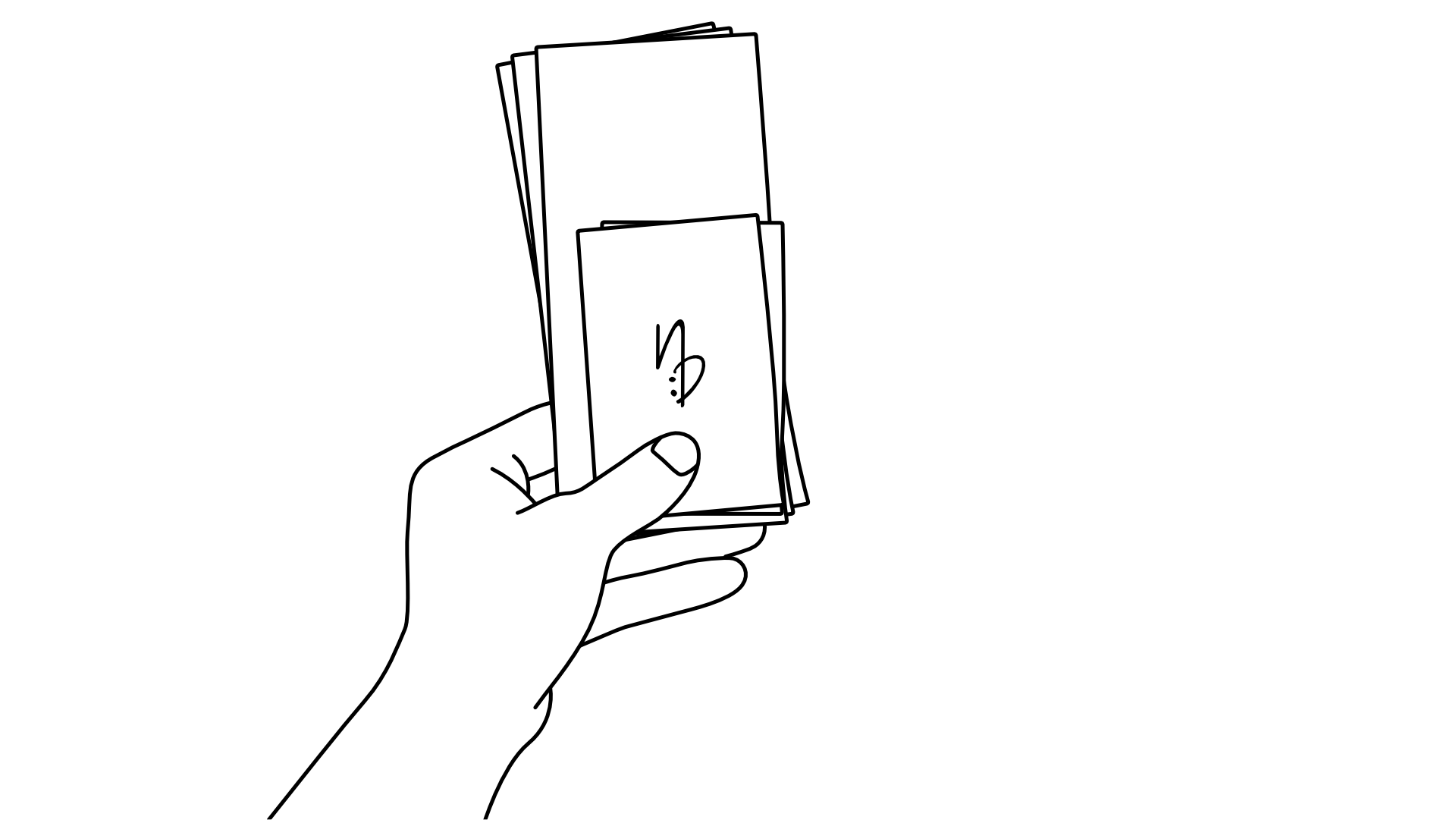 Illustrierte Darstellung von Druckprodukten in der linken Hand